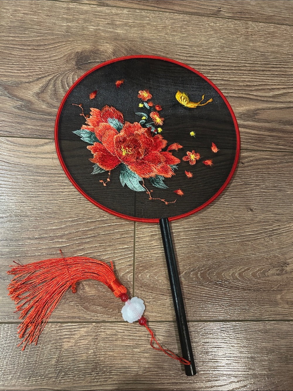 Traditional Black Hand Fan with Red Floral Embroidery